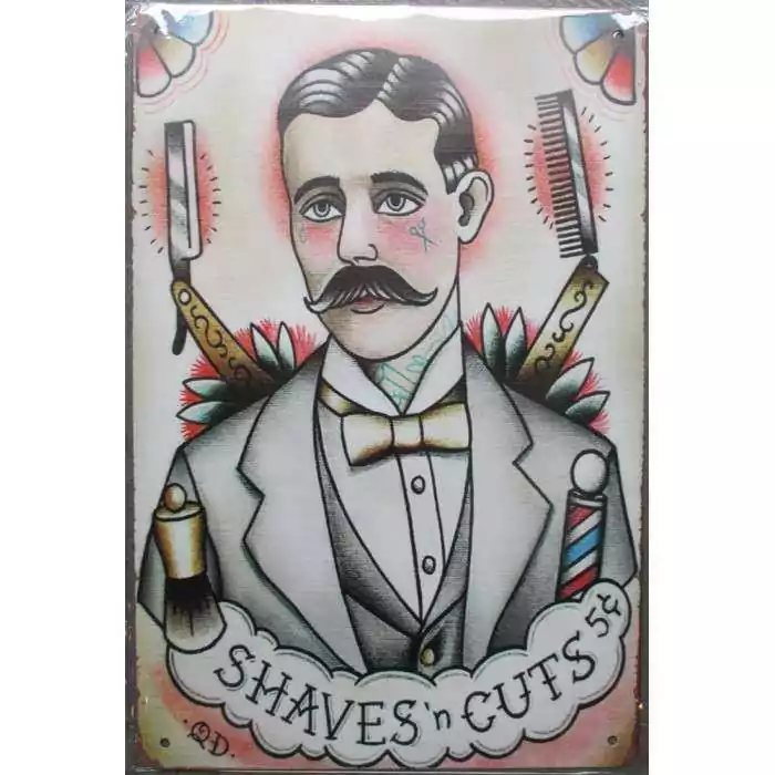 plaque barber shaves n cuts style tattoo old school 30cm tole publicitaire metal pub