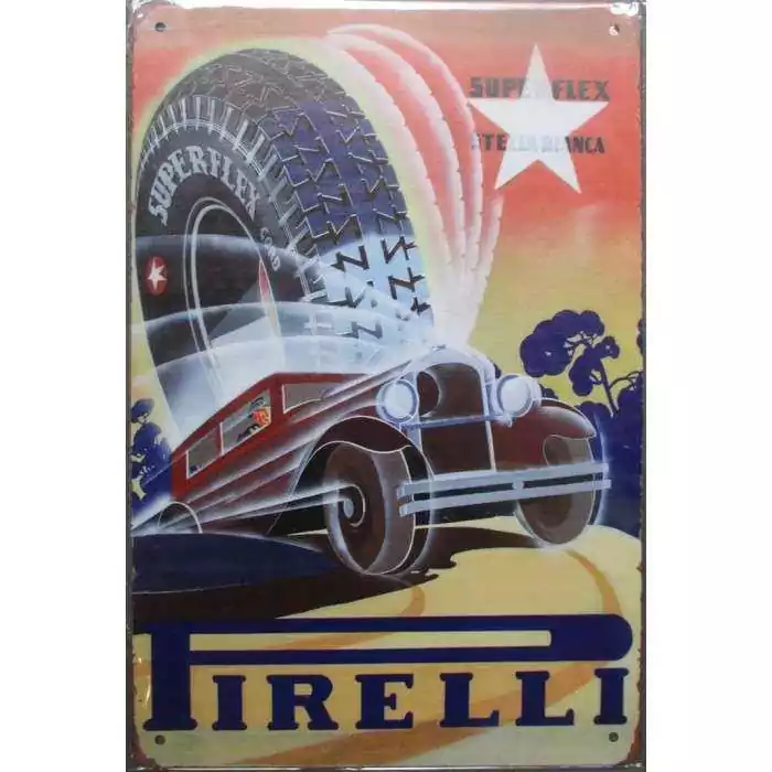 plaque pneu pirelli et vieille voiture garage 30cm tole publicitaire metal pub