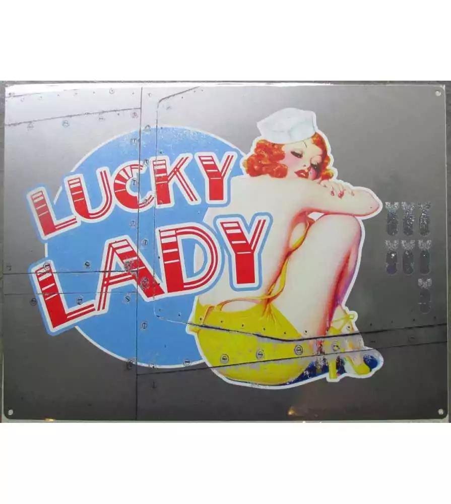 plaque style bombardier pin up lucky lady tole 40x30cm metal