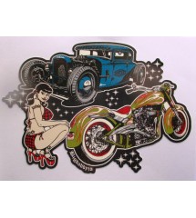 sticker hot rod bleu , harley a flammes et pin up