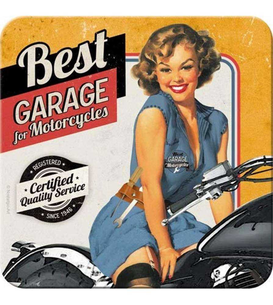 Coaster Pin Up Best Garage Orange Metal Background 9x9cm Deco Bar