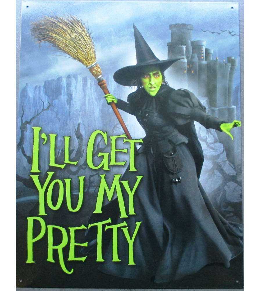 plaque sorciere peau verte et tenue noire i' ll get you my pretty 41x32 cm