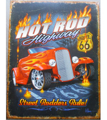 hotrodspirit Plaque Hot Rod Ford 32 Noir Flammes et Route 66 tole Deco