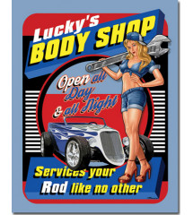 tole lucky(s body shop avec un epin up mécano