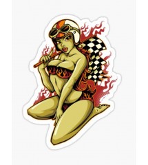 mini sticker pin up a genoux avec casque moto et sous vetements a flammesautocollant sexy hot style année 50