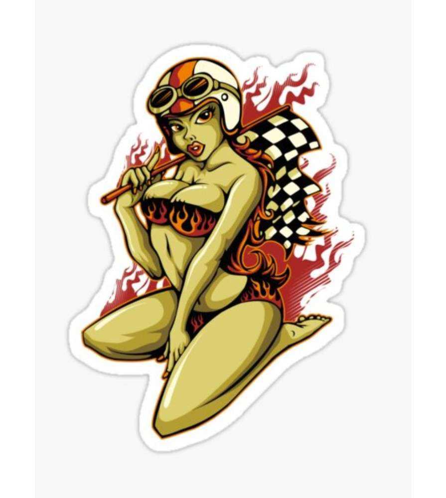 mini sticker pin up a genoux avec casque moto et sous vetements a flammesautocollant sexy hot style année 50