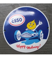plaque décorative emaillée esso happy motoring voiture course  tole ronde 12cm deco métal garage huile essence