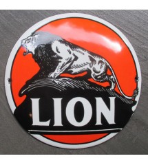 plaque décorative emaillée lion orange  tole ronde 12cm deco métal garage huile essence