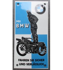 plaque décorative emaillée moto bmw fahren sie sicher tole rect 20x10 cm deco garage