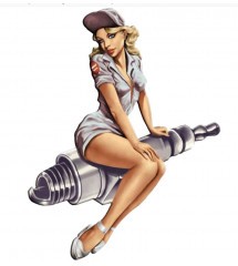 sticker fin pin up mécano en tenue grise et bougie d'allumage 13x10cm autocollant sexy