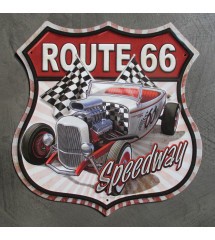 plaque publicitaire blason route 66 et hot rod 30x30 cm tole deco speedway
