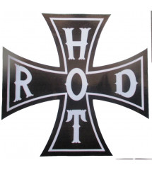 sticker croix de malte noir et blanche , inscription hot rod .