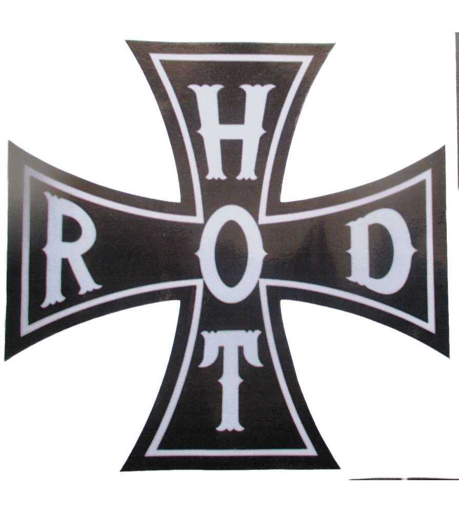 sticker croix de malte noir et blanche , inscription hot rod . sticker croix de malte noir et blanche , inscription hot rod .