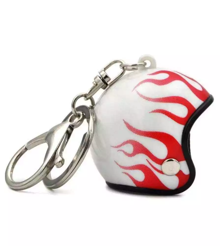porte clés casque de moto blanc a flammes rouges 3d motard