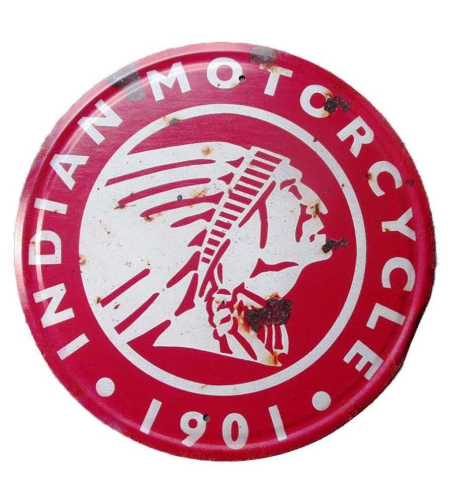 Indian Motorcycle Plate 1901 Red Round 30cm Tole Rusty Appearance