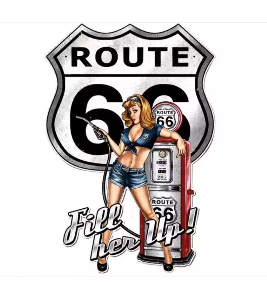 plaque pin up sexy filler up pompe a essence et logo route 66