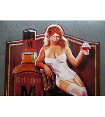 plaque 60x39cm pin up et bouteille bourbon mahogany tole emboutie