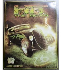 plaque hot rod à flammes verte hit the road 38x30 cm tole deco route 66