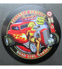 plaque reliable service pin up et hot rod tole ronde 30cm