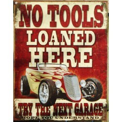plaque hot rod à flammes no tools loaned here 41x32cm tole publicitaire
