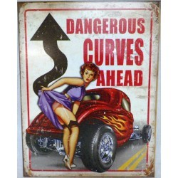plaque dangerous curves ahead hot rod rouge a flammes pin up 41x32cm tole usa