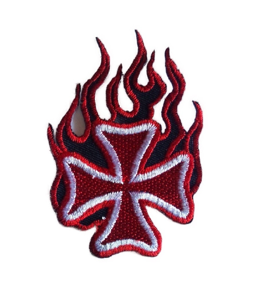 patch croix de malte flammes rouge ecusson rock roll biker