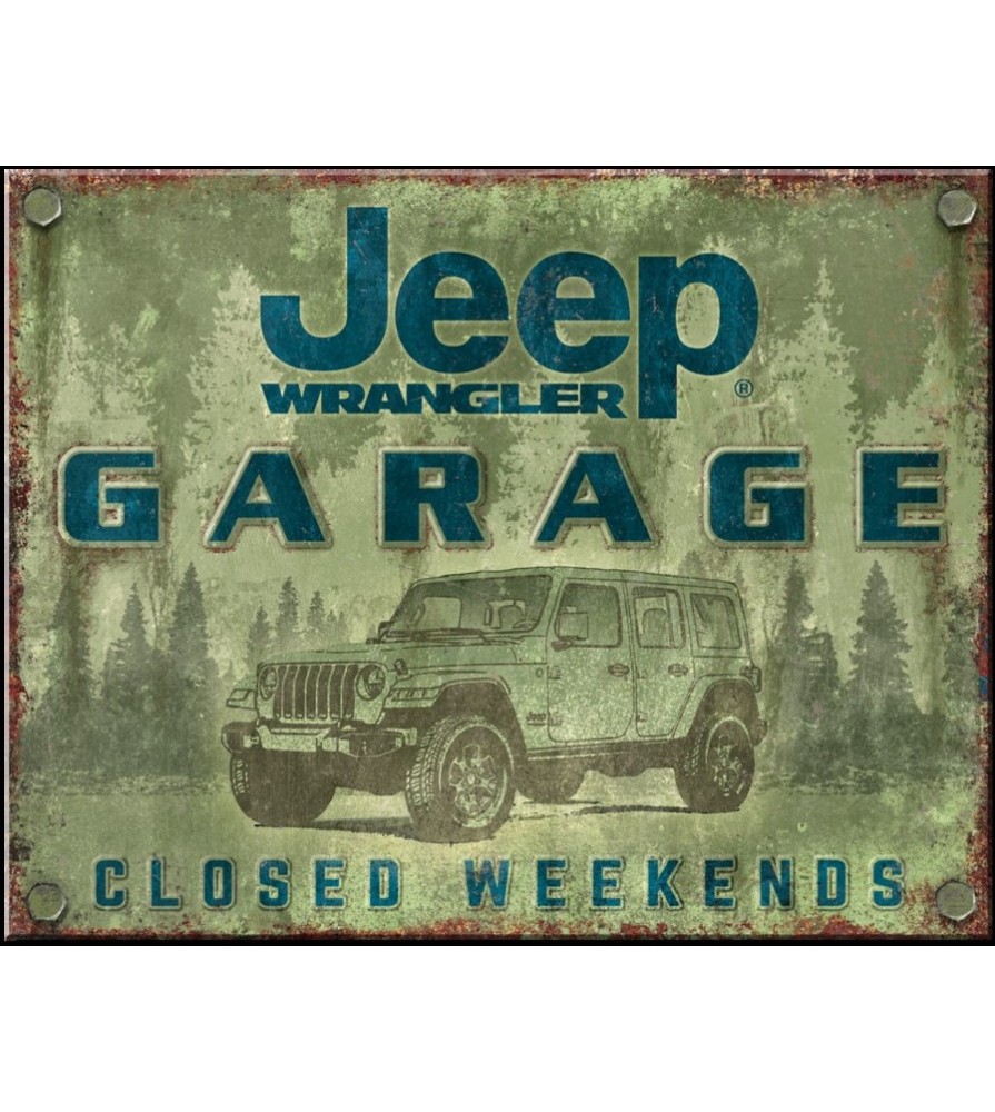 plaque decorative jeep wrangler garage 41x32cm tole a l'aspect vieillit