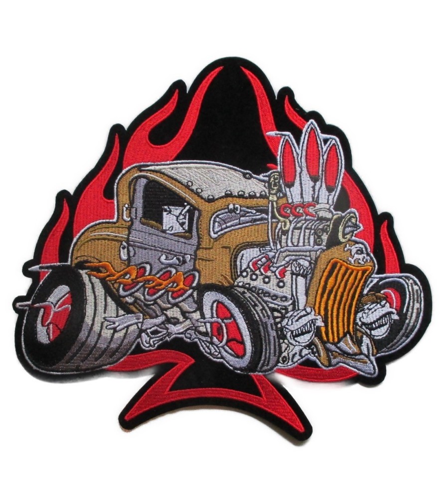 gros patch hot rod et flammes 21x23 cm dos veste blouson rodder rocker