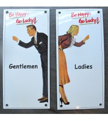 2 plaques emaillées couple gentlemen ladies porte de toilette 20x10 cm tole email bar diner