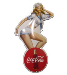 plaque décorative  email logo coca cola bouteille pin up en habit de marin tole emaillée deco