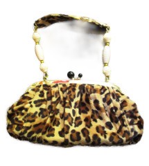 Handbag Rockabilly Leopard Beige Handle White Bead Style Pin Up Retro