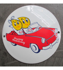 plaque décorative email esso couple en voiture ronde 12cm tole emaillée deco