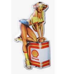 Petite Plaque Émaillée Pin-Up et Bidon d'Huile Shell 18x10 cm