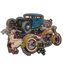 sticker hot rod bleu harley a flammes et pin up bigdaddyjo 10.5x7.55 cm autocollant font blanc
