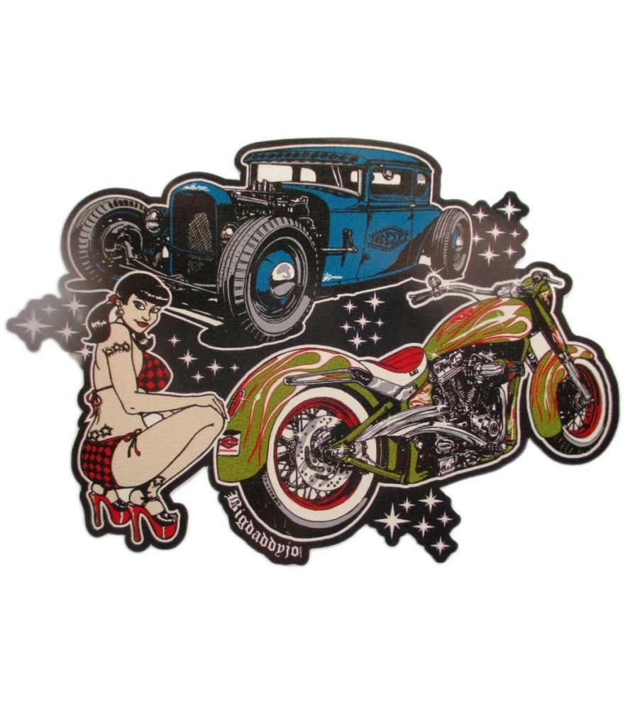 Sticker Hot Rod blue Harley flames and pin up bigdaddyjo 10.5x7.55 cm sticker make white