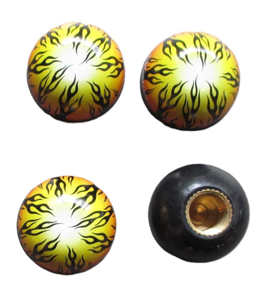 bouchon valve de roue (x4) flammes noir sur fond jaune auto