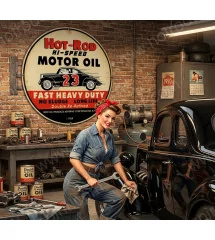 Hot-Rod Motor Oil Round Porcelain Enamel Sign – Ø 74 cm / 29" Vintage Reproduction
