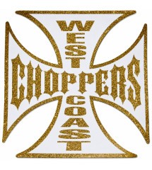 "West Coast Choppers" Iron Cross Sticker – Gold Glitter & White – 7.5 cm