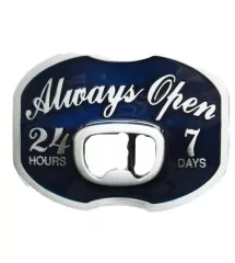Belt buckle bottle opener Always Open blue bar