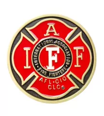 belt buckle coat of arms firefighter red and gold man woman