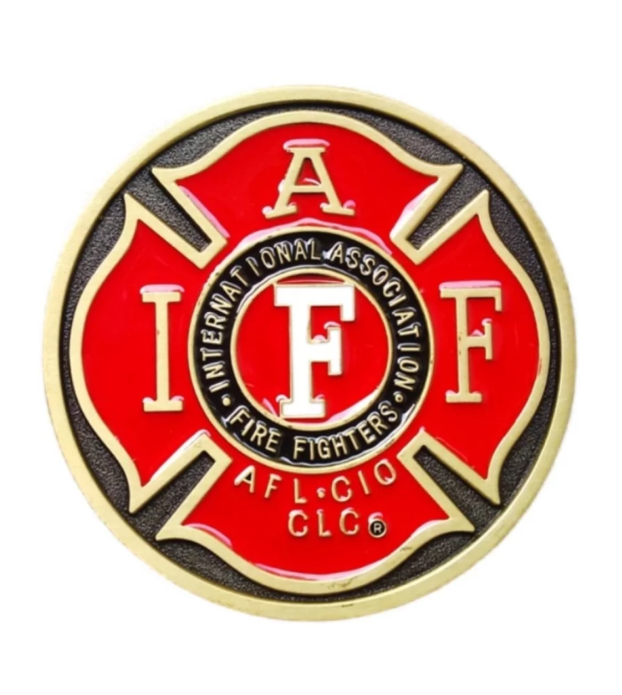 belt buckle coat of arms firefighter red and gold man woman