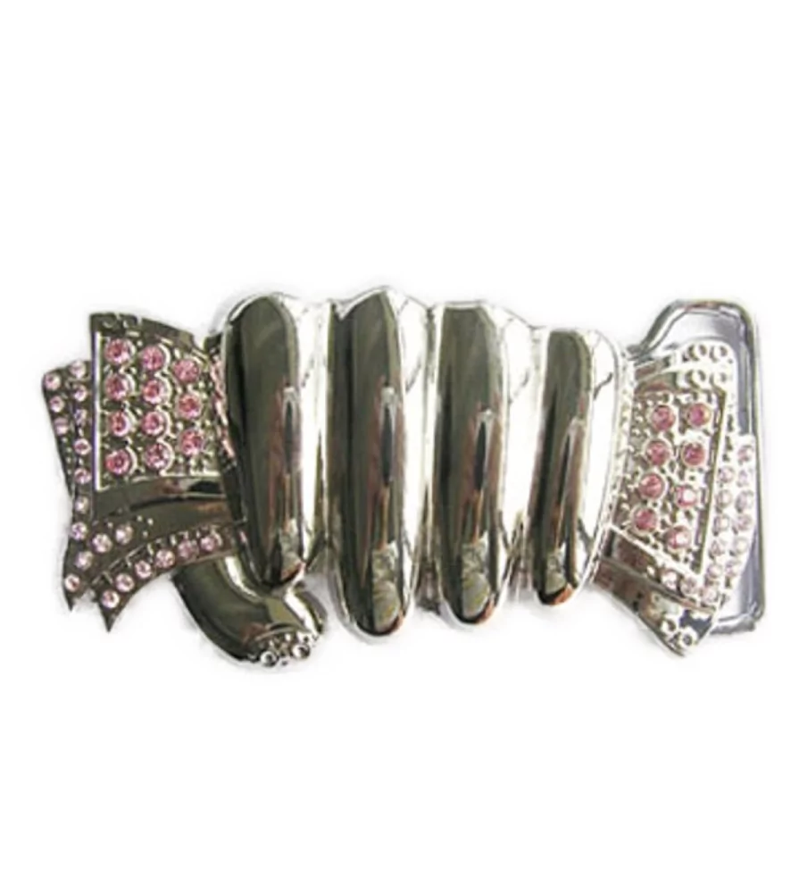 Handchromed belt buckle pink rhinestone ticket woman pinup