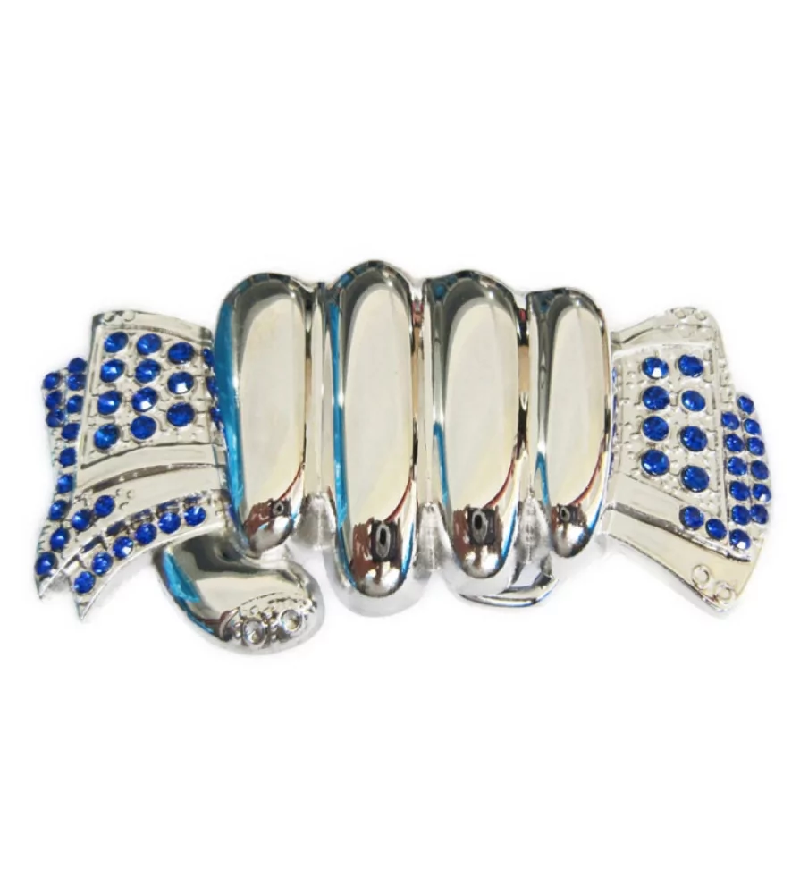 boucle de ceinture main chromé billet strass bleu femme