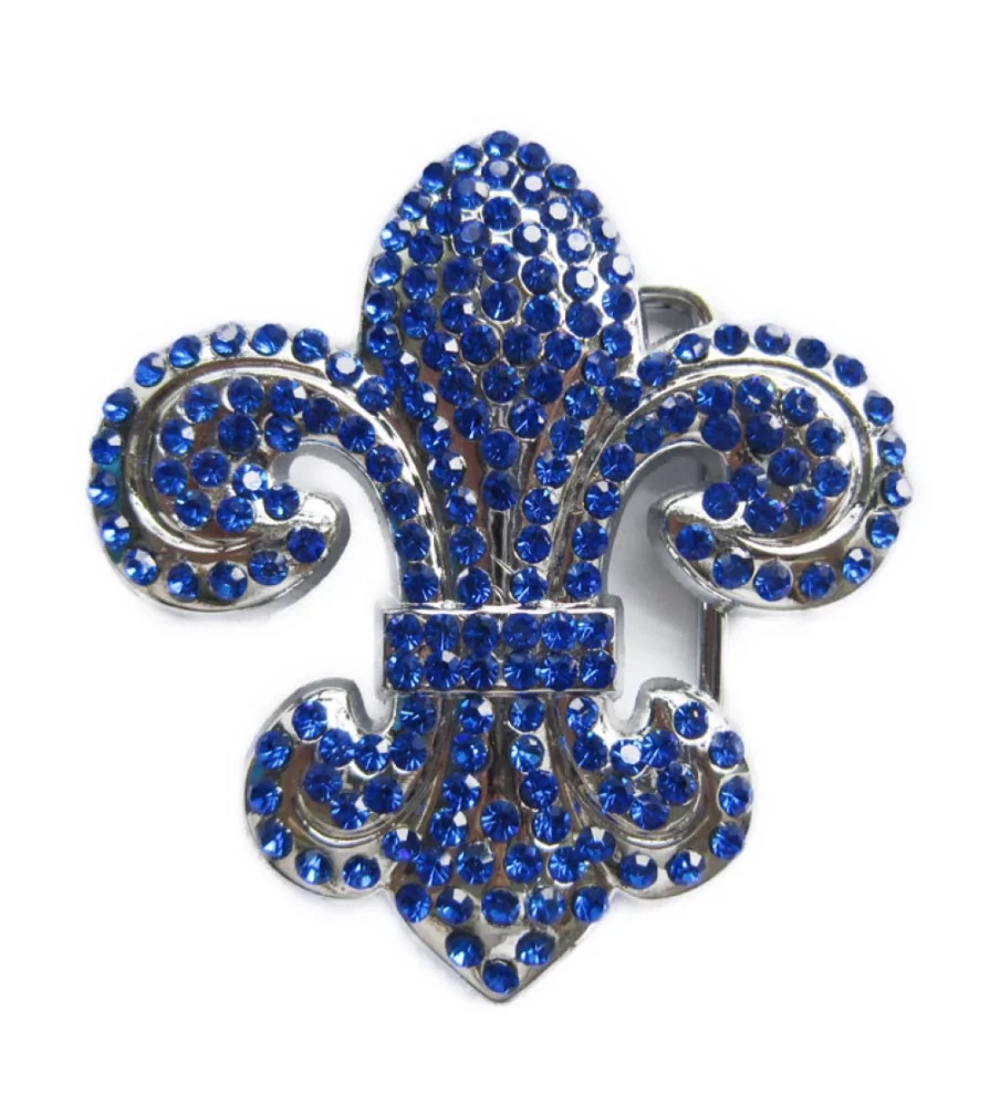 Belt buckle fleur de lys rhinestones blue woman pin up