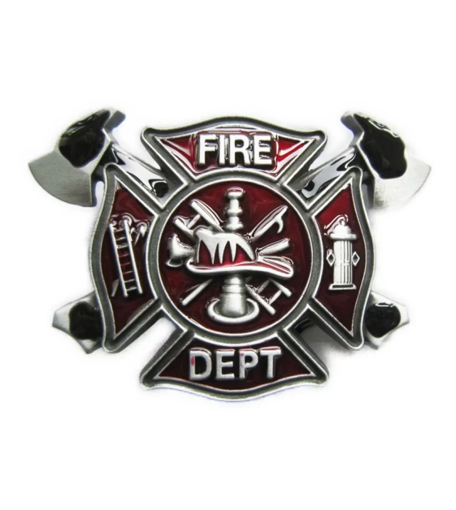 Firefighter belt buckle coat of arms red American man