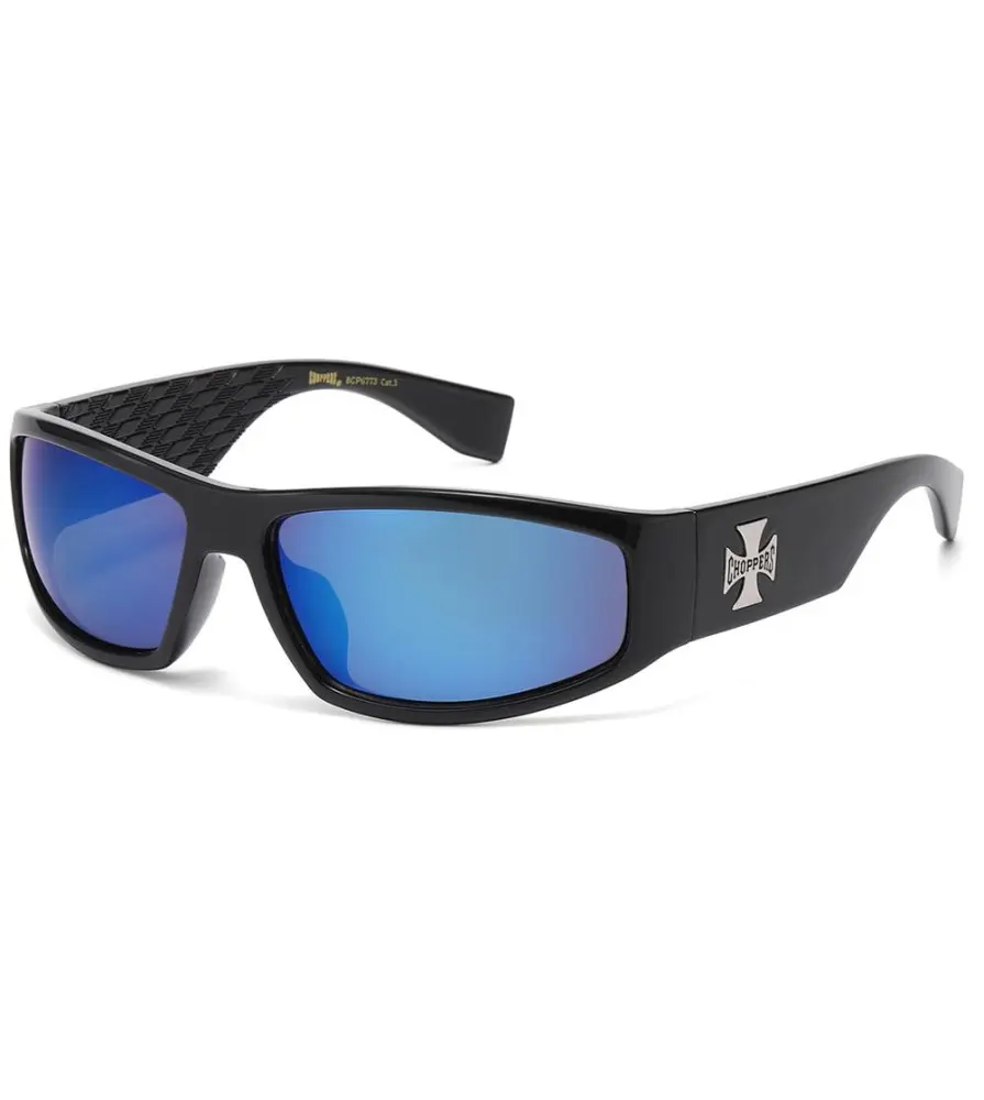 Choppers® Biker Sunglasses – Glossy Black & Blue Mirror Lenses