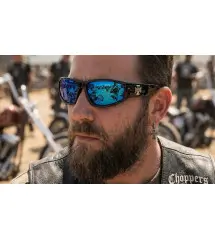 Choppers® Biker Sunglasses – Glossy Black & Blue Mirror Lenses