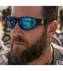 Lunettes de Soleil Biker Choppers Noir Brillant & Verres Miroir bleu