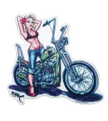 sticker pin up blonde et moto verte a flammes autocollant us