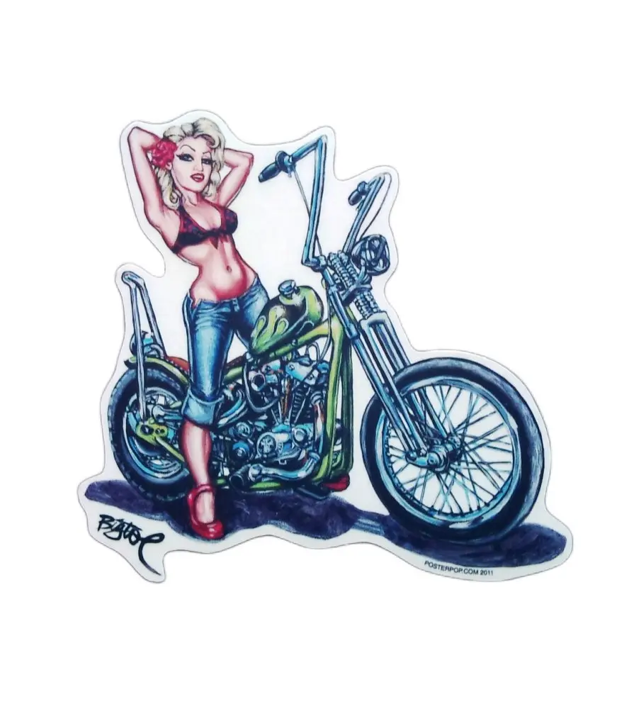 Sticker Pin Up blonde and green motorcycle with flames US sticker